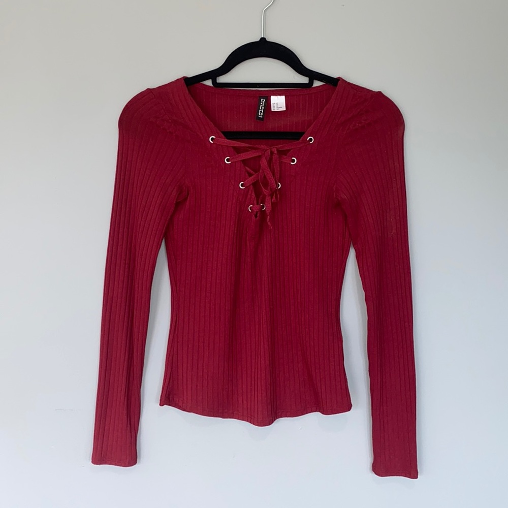 Burgundy Lace UpV Neck Long Sleeve XS H&M Shirt